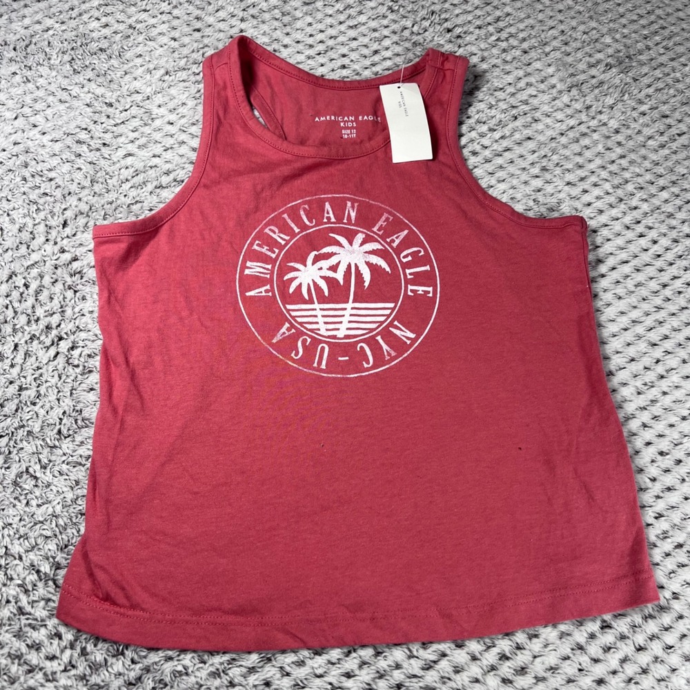 American Eagle Kids Coral Graphic‎ Tank Top Palm Tree NYC USA Size 12 10-11Y NWT